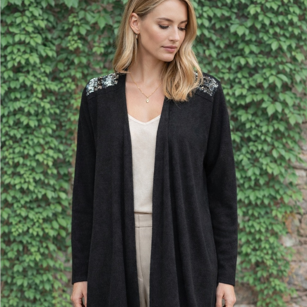 CENTRAL PARK WEST Luxe Gray Cashmere/Angora Sequin Embellished Open Cardigan, L